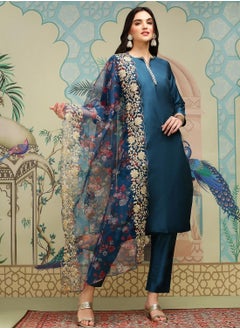 ISHIN Navy Blue Kurta Set Straight Fit 3/4 Sleeve Sleeve made from POLY VISCOSE featuring Self Design design and Round Neck neckline - Perfect for Ethinic!  - Image 2