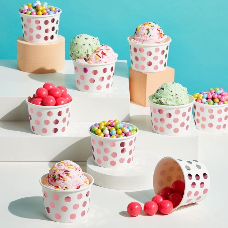 Juvale 50Pack Paper Ice Cream Cups for Frozen Yogurt Sundae Bar Parfaits Treats Diners Restaurants Bakeries Disposable Dessert Bowls wRose Gold Foil Polka Dots 8 oz Paper Dessert Cup Pack - Image 2