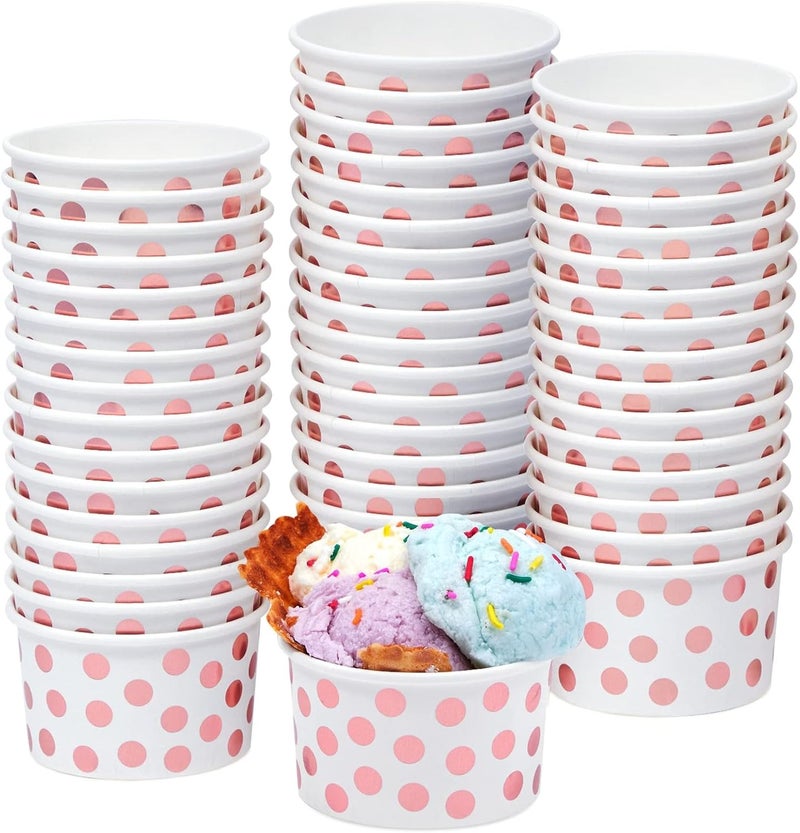 Juvale 50Pack Paper Ice Cream Cups for Frozen Yogurt Sundae Bar Parfaits Treats Diners Restaurants Bakeries Disposable Dessert Bowls wRose Gold Foil Polka Dots 8 oz Paper Dessert Cup Pack - Image 1