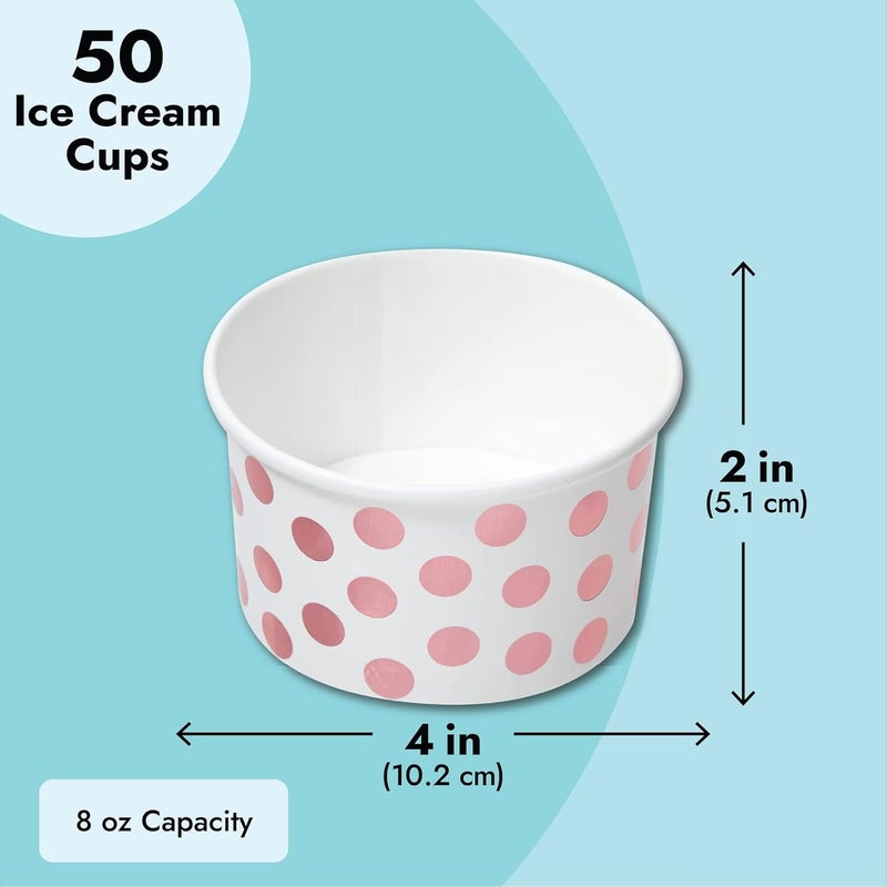 Juvale 50Pack Paper Ice Cream Cups for Frozen Yogurt Sundae Bar Parfaits Treats Diners Restaurants Bakeries Disposable Dessert Bowls wRose Gold Foil Polka Dots 8 oz Paper Dessert Cup Pack - Image 4