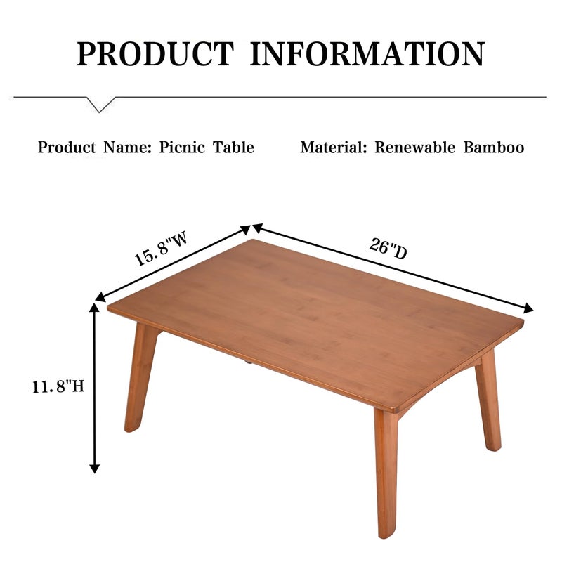 JIKUGO Japanese Floor Table No Assembly Required Bamboo Folding Walnut Coffee Table Bedroom 26x15.8x11.8in Furniture Low Tea Table for Sitting on The Floor Walnut Large - Image 5