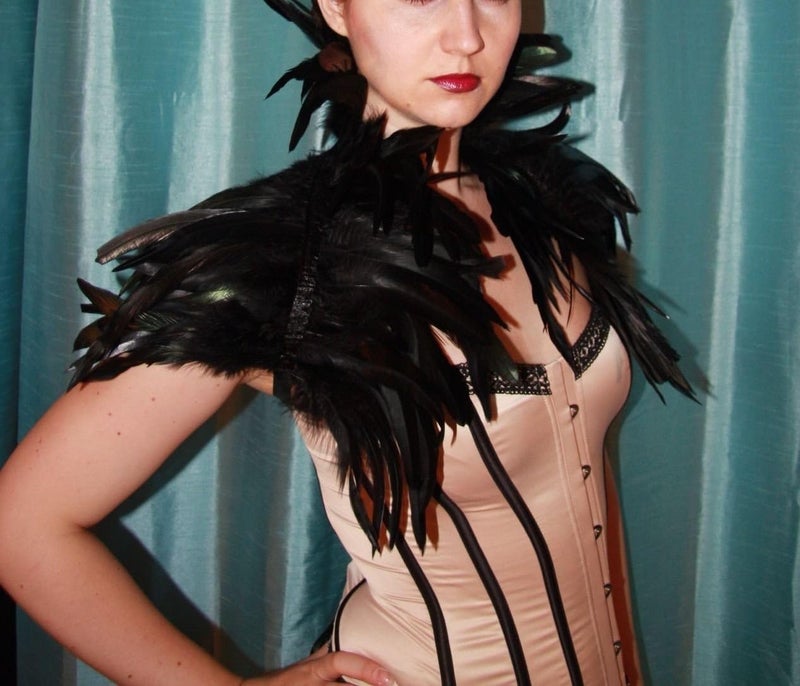 L'vow Victorian Real Natural Feather Shrug Shawl Shoulder Wrap Cape Gothic Collar (Black) - Image 3