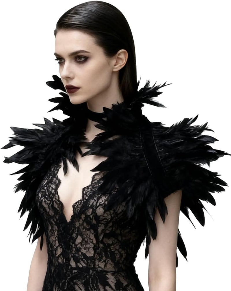 L'vow Victorian Real Natural Feather Shrug Shawl Shoulder Wrap Cape Gothic Collar (Black) - Image 1