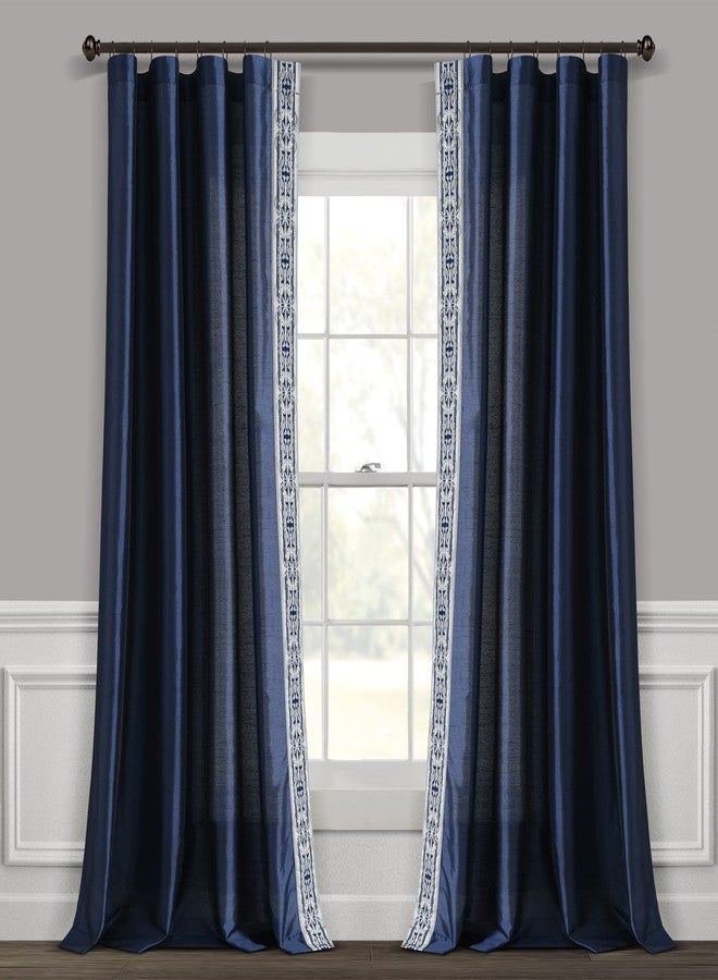 Lush Decor Luxury Traditional Regency Faux Silk Border Trim Window Curtain Panel (Single), 84" L x 52" W, Navy - Image 2