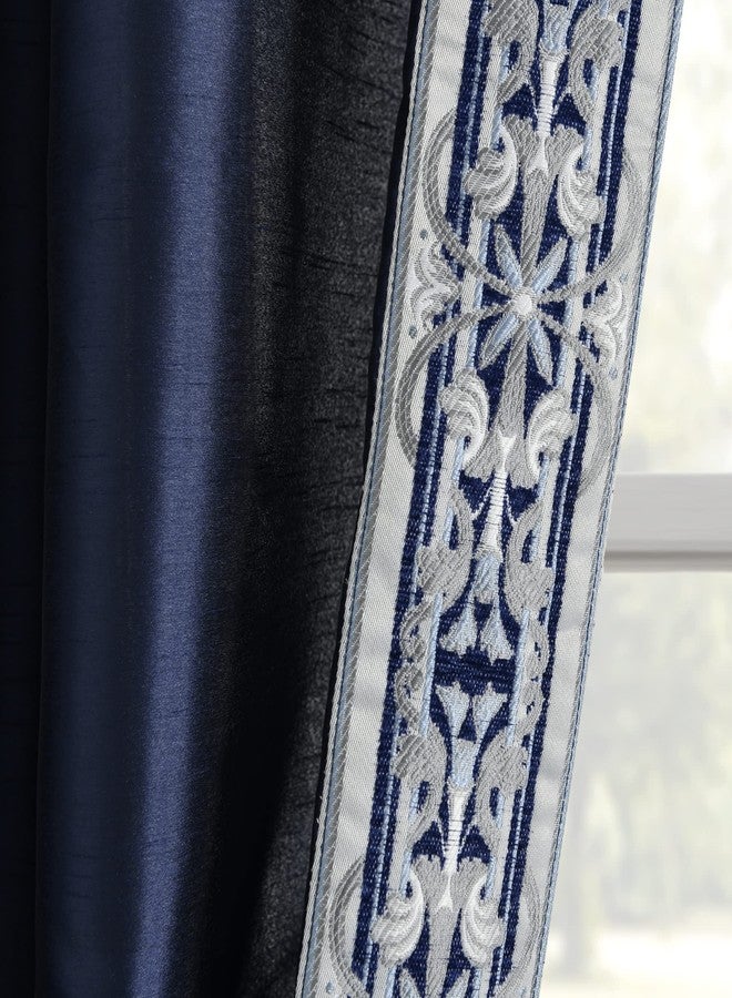 Lush Decor Luxury Traditional Regency Faux Silk Border Trim Window Curtain Panel (Single), 84" L x 52" W, Navy - Image 5