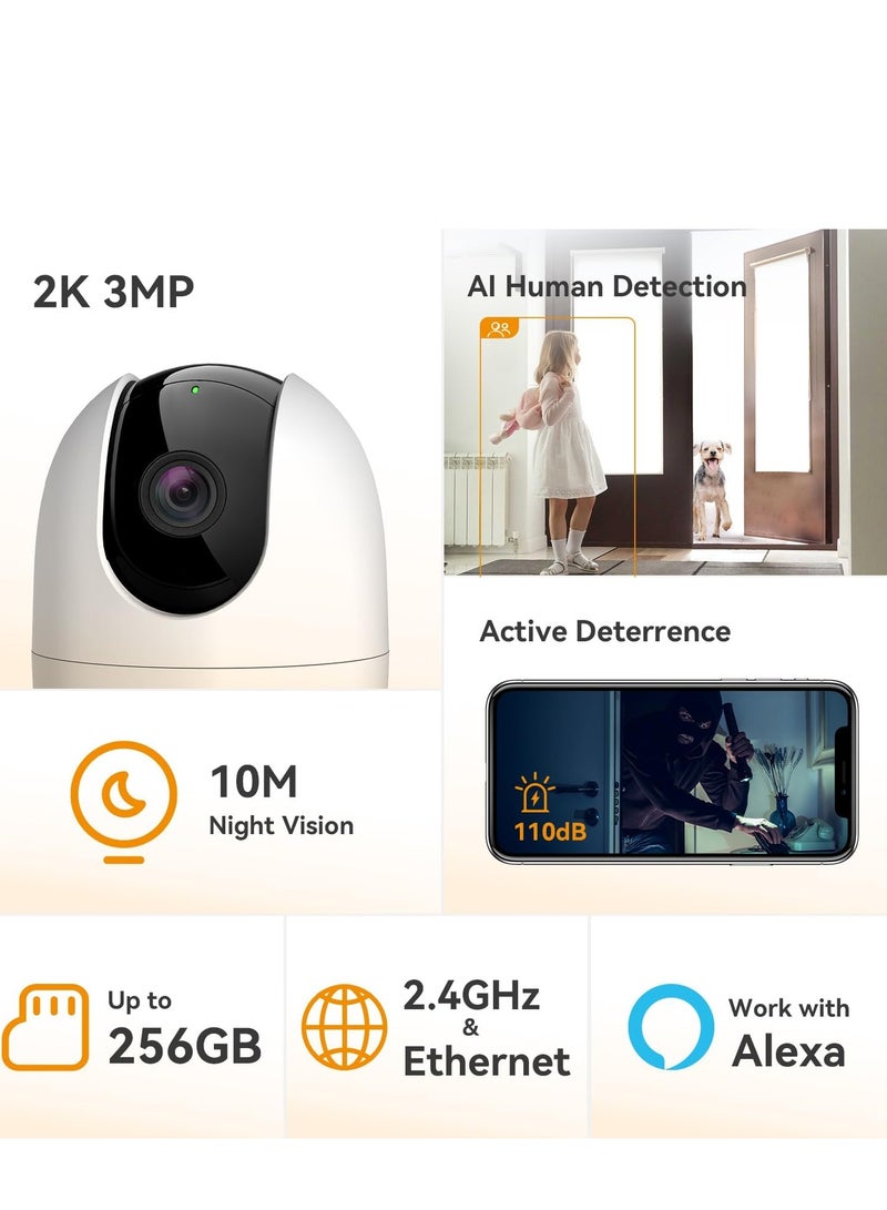 ايمو كاميرا أمان داخلية بدقة 1080P و2K، بدقة 3 ميجابكسل، بزاوية رؤية 360° واتصال WiFi، مزودة بكشف الإنسان، تتبع الحركة، صوت ثنائي الاتجاه، رؤية ليلية بالأشعة تحت الحمراء، وضع الخصوصية، تخزين محلي وسحابي، منفذ إيثرنت، باللون الأبيض. - Image 4