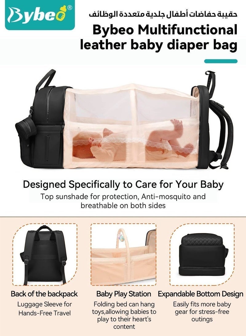 Bybeo PU Baby Diaper Bag Backpack with Multifunction Diapers Changing Station, Baby Travel Backpack Bag with Toy Bar for Outdoor and Travel, Large Capacity Infant Gift, USB Port, 3 Toys - Image 2