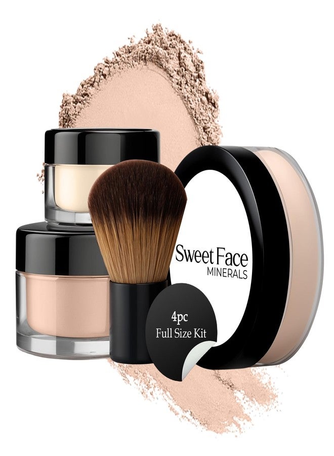 Sweet Face Minerals 4pc Full Size Kit (Light) Mineral Makeup Matte Translucent Loose Foundation + Kabuki Brush + Concealer + Finishing Setting Powder + Bare Face Full Coverage SPF 30 All Skin Types Waterproof - Image 1