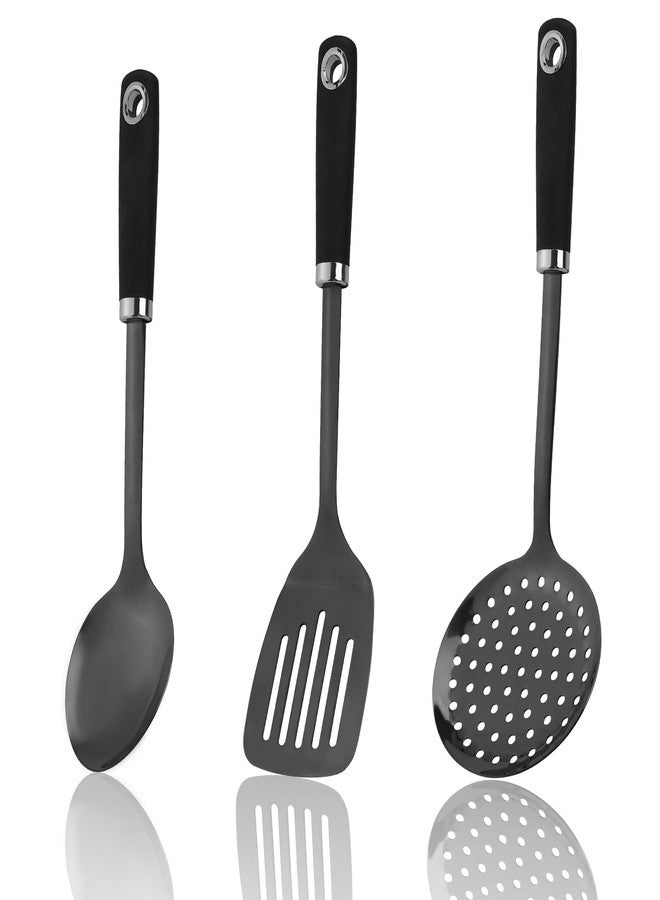 JXWING 3-Piece Cooking Utensils Set Stainless Steel Large Serving Spoons Set Slotted Spoon Spatula Turner Skimmer Commercial and Residential Use Dishwasher Safe, Black - Image 1