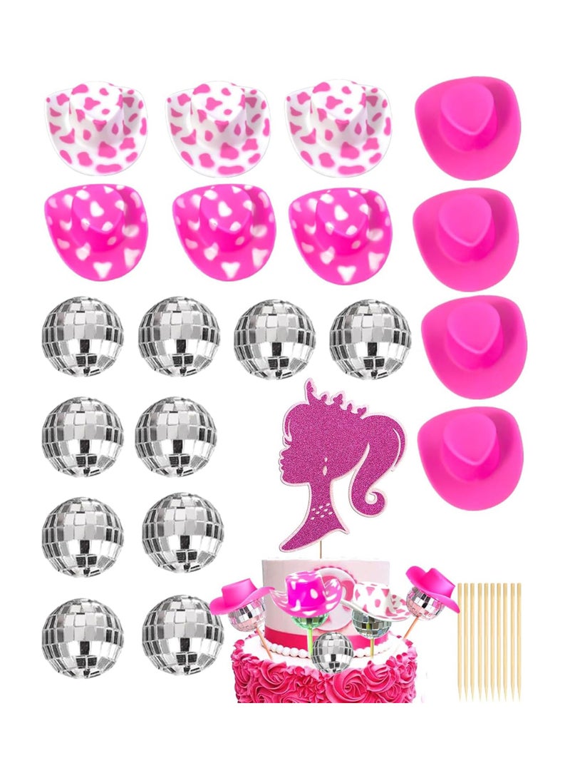 Excefore Hot Pink Girl Cake Toppers 20Pcs Disco Cowgirl Cake Decoration,10PCS Disco Ball Cake Toppers,10PCS Mini Cowboy Hat for Crafts Westen Cowgirl Party Birthday Table Decor - Image 1