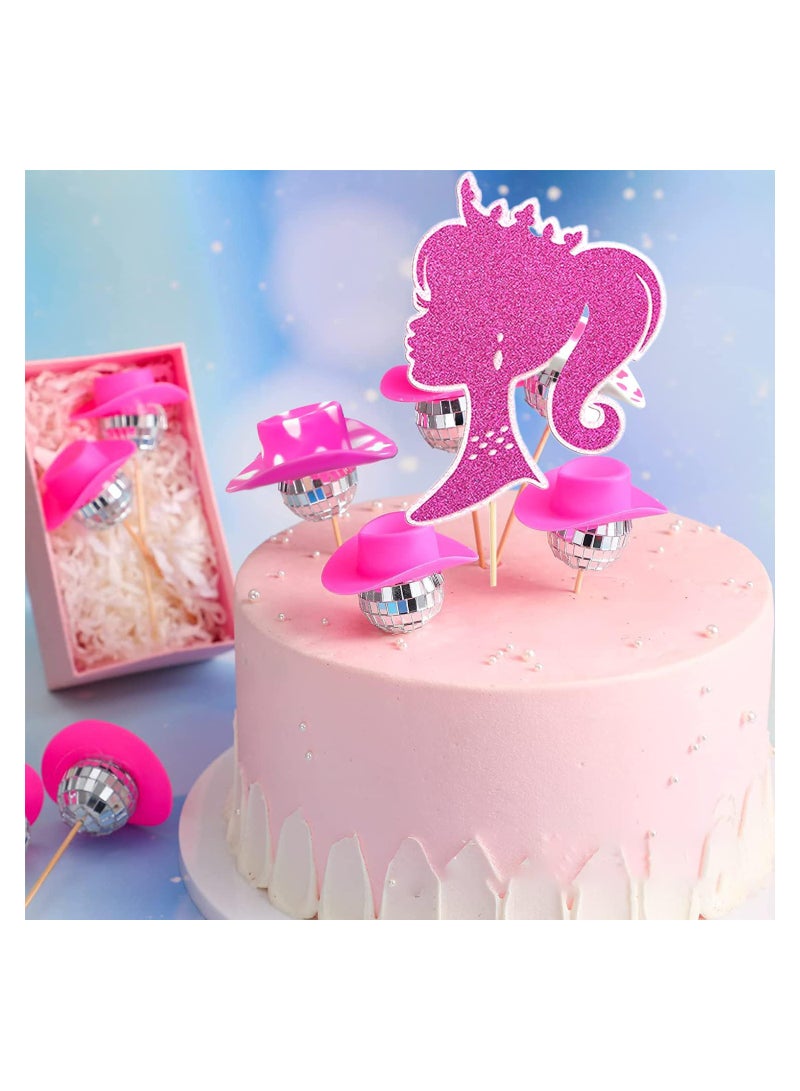 Excefore Hot Pink Girl Cake Toppers 20Pcs Disco Cowgirl Cake Decoration,10PCS Disco Ball Cake Toppers,10PCS Mini Cowboy Hat for Crafts Westen Cowgirl Party Birthday Table Decor - Image 3