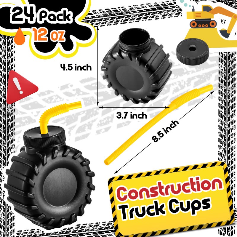 Amyhill 24 Pieces 12 oz Construction Monster Truck Shaped Cups Set Party Favors Truck Construction Cups with Orange Straw Birthday Halloween Christmas Supplies Decoration Plastic for Kids Party - Image 3