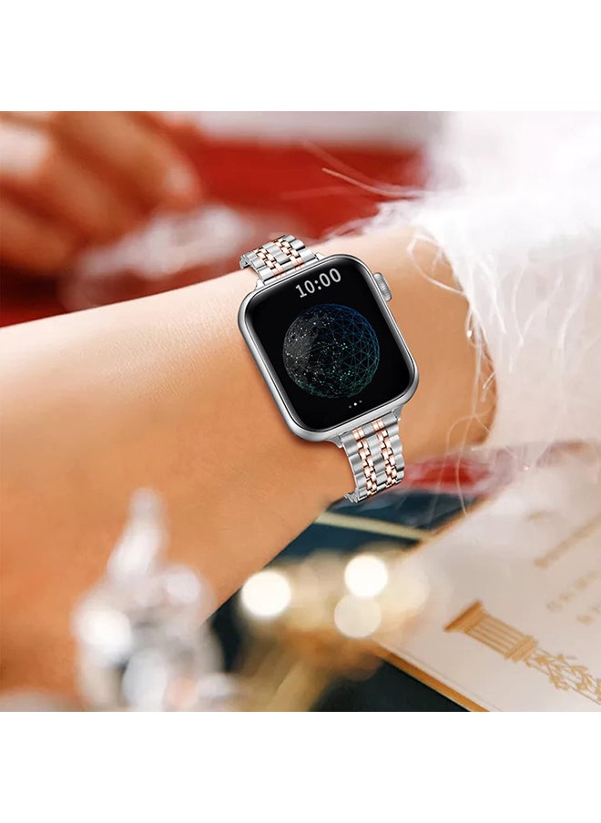 O Ozone - Slim Metal Straps For Apple Watch Series 10 | Ultra 2 | 8 Ultra | 9 | 8 | 7 | 6 , 49/46/45/44/42mm Stainless Steel Metal Wristband -Silver & Rose Gold - Image 1