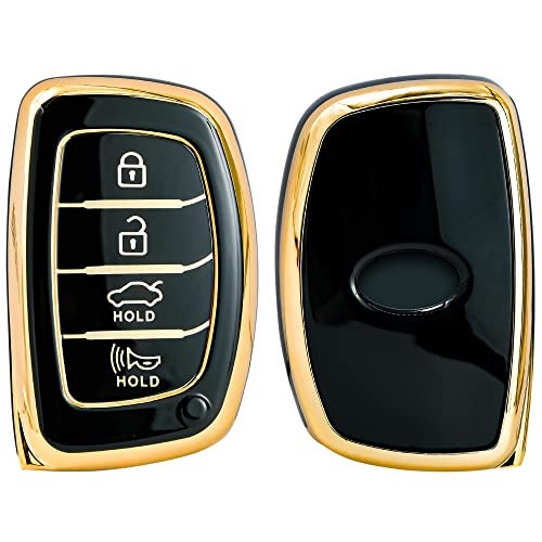 KMH TPU Gold Car Smart Key Cover - Compatible for Hyundai Alcazar Creta Venue i20 Tucson Elantra - 4 Push Button Smart Key Shell Case Holder, Black Gold Pack - Image 2