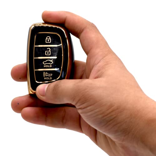 KMH TPU Gold Car Smart Key Cover - Compatible for Hyundai Alcazar Creta Venue i20 Tucson Elantra - 4 Push Button Smart Key Shell Case Holder, Black Gold Pack - Image 4