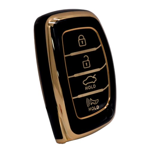 KMH TPU Gold Car Smart Key Cover - Compatible for Hyundai Alcazar Creta Venue i20 Tucson Elantra - 4 Push Button Smart Key Shell Case Holder, Black Gold Pack - Image 3