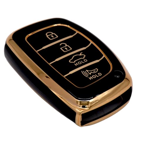 KMH TPU Gold Car Smart Key Cover - Compatible for Hyundai Alcazar Creta Venue i20 Tucson Elantra - 4 Push Button Smart Key Shell Case Holder, Black Gold Pack - Image 1