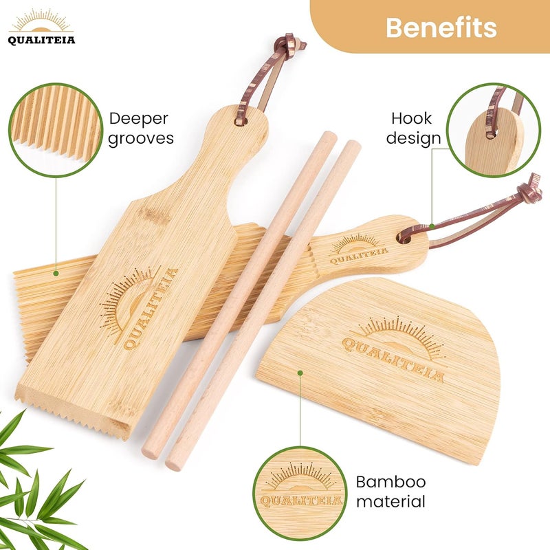 Qualiteia Gnocchi Board Set for Rolling Dough - 2x Paddles, 2x Rollers & 1x Cutter, Bamboo Pasta Shaper Tools Butter Maker, Garganelli Cavatelli Tortellini Cavarola Roller (Gnocchi Board Set 4) - Image 5