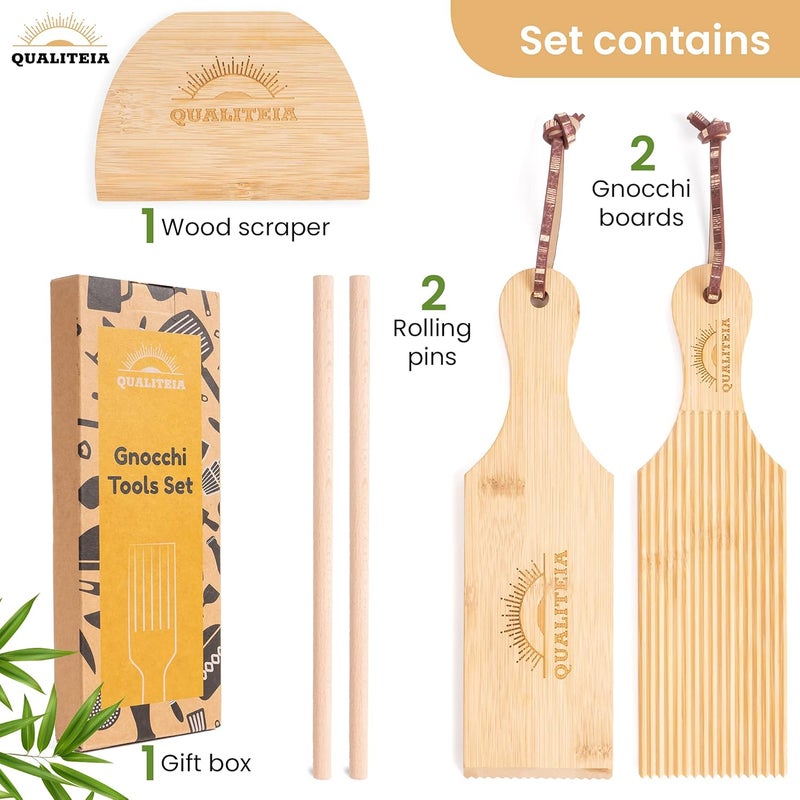 Qualiteia Gnocchi Board Set for Rolling Dough - 2x Paddles, 2x Rollers & 1x Cutter, Bamboo Pasta Shaper Tools Butter Maker, Garganelli Cavatelli Tortellini Cavarola Roller (Gnocchi Board Set 4) - Image 2