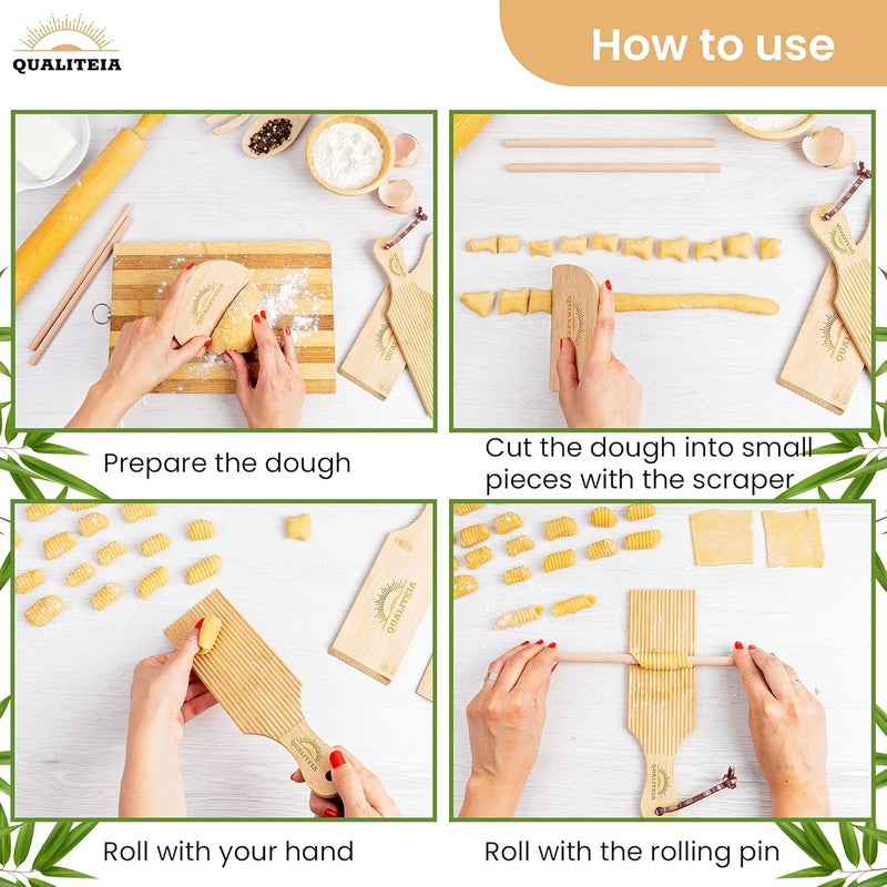 Qualiteia Gnocchi Board Set for Rolling Dough - 2x Paddles, 2x Rollers & 1x Cutter, Bamboo Pasta Shaper Tools Butter Maker, Garganelli Cavatelli Tortellini Cavarola Roller (Gnocchi Board Set 4) - Image 4
