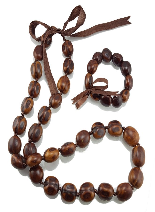 BlueRica Kukui Nut Lei Necklace & Bracelet Set (Natural) - Image 1