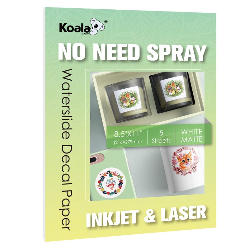 KOALA PAPER ورق ديكال مائي غير لامع من كوالا لطابعات الحبر وطابعات الليزر، لا حاجة لرش الطلاء، ورق مائي أبيض بحجم 8.5x11 بوصة لصنع أكواب، أكواب، وحرف الأظافر، 5 أوراق - Image 1