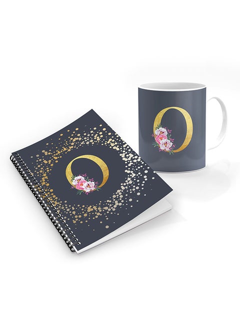 Printed Coffee Mug + A5 Spiral Notebook Memo Personalised Combo Gift SetCustom Monogram Initial Letter Floral Pattern Alphabet - O (Grey)