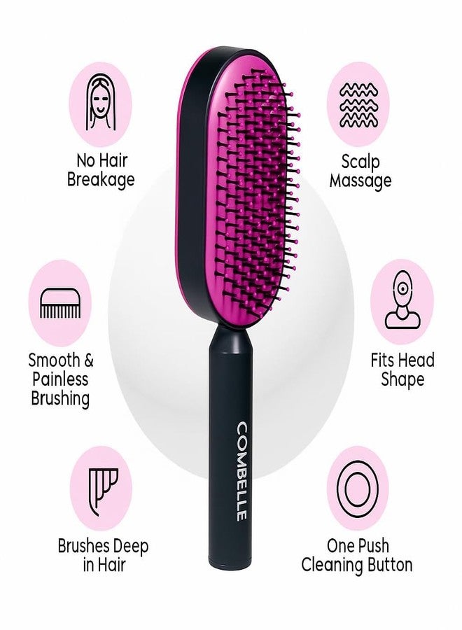 COMBELLE Self-Cleaning Hair Brush & 3D Air Cushion Detangler – Scalp Massager Suiitable for Thick, Wet or Dry Hair – Anti-Static Brush with One-Push Retractable Bristles - Image 3