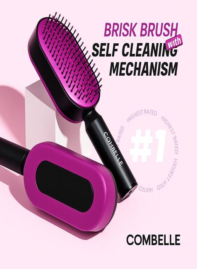 COMBELLE Self-Cleaning Hair Brush & 3D Air Cushion Detangler – Scalp Massager Suiitable for Thick, Wet or Dry Hair – Anti-Static Brush with One-Push Retractable Bristles - Image 2