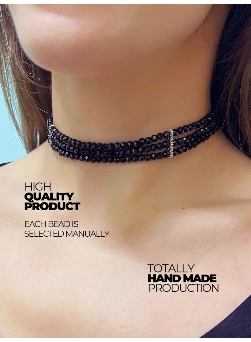 GetmanJewelry Women’s Handmade Black Glass Bead Getman Jewerly Choker – Three-Row Faceted Necklace with Adjustable Chain - Image 2