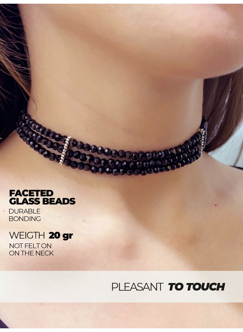 GetmanJewelry Women’s Handmade Black Glass Bead Getman Jewerly Choker – Three-Row Faceted Necklace with Adjustable Chain - Image 3