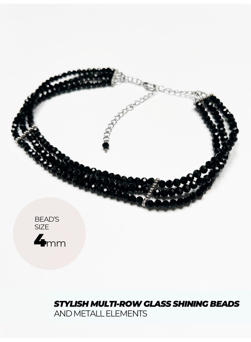 GetmanJewelry Women’s Handmade Black Glass Bead Getman Jewerly Choker – Three-Row Faceted Necklace with Adjustable Chain - Image 4