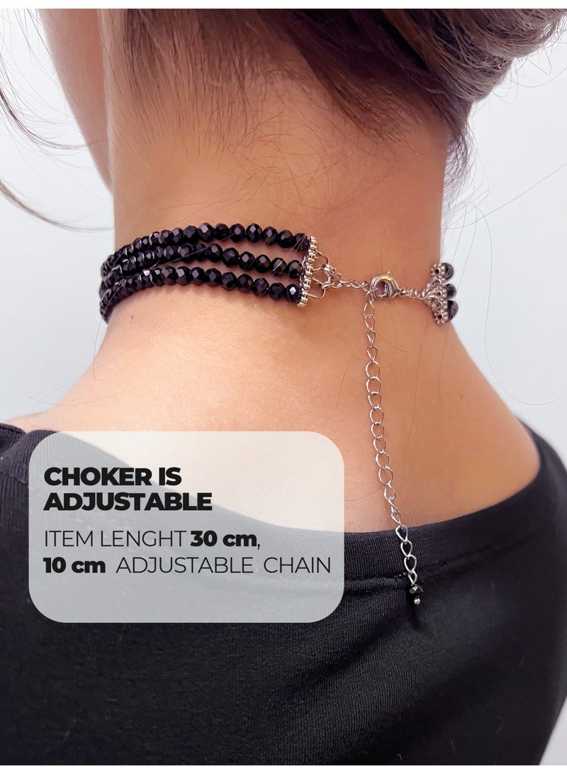 GetmanJewelry Women’s Handmade Black Glass Bead Getman Jewerly Choker – Three-Row Faceted Necklace with Adjustable Chain - Image 5