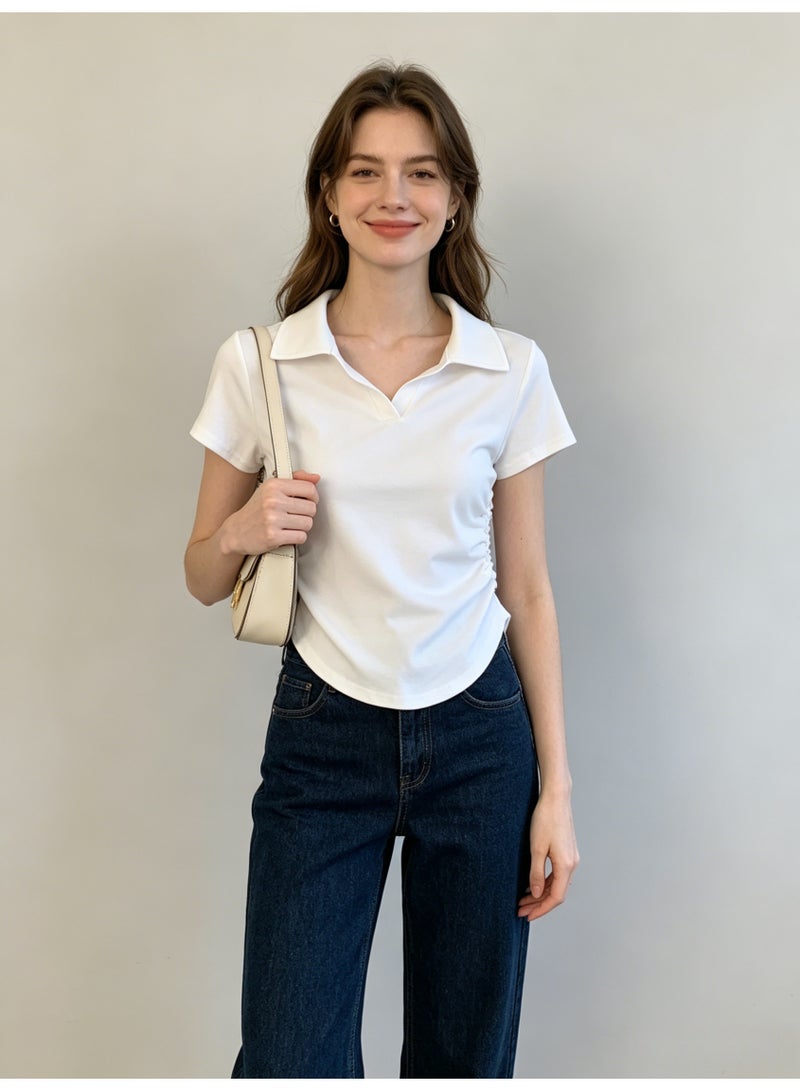 زارا ZARA Women’s White Side Ruched Curved Hem Short Sleeve Polo Top - Image 3