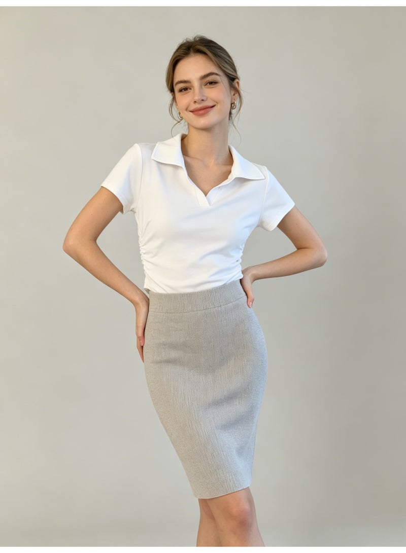 زارا ZARA Women’s White Side Ruched Curved Hem Short Sleeve Polo Top - Image 2
