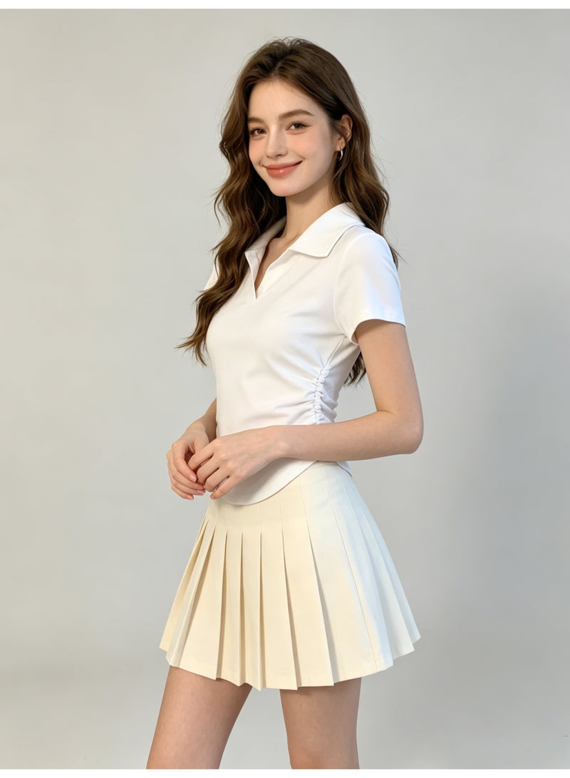 زارا ZARA Women’s White Side Ruched Curved Hem Short Sleeve Polo Top - Image 4