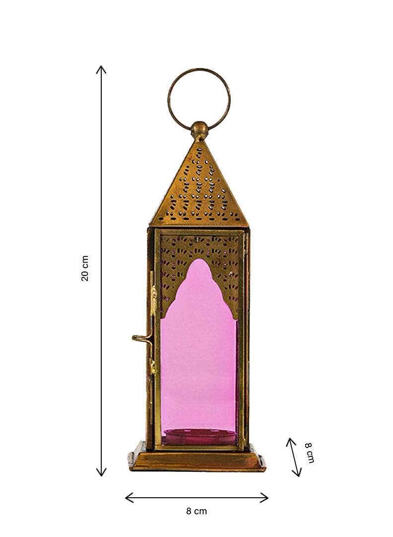 HilalFul Brass Antique Clear Pink Glass Decorative Candle Holder Lantern | For Home Decor in Eid, Ramadan, Wedding | Living Room, Bedroom, Indoor, Outdoor Decoration | Islamic Themed | Moroccan - Image 2