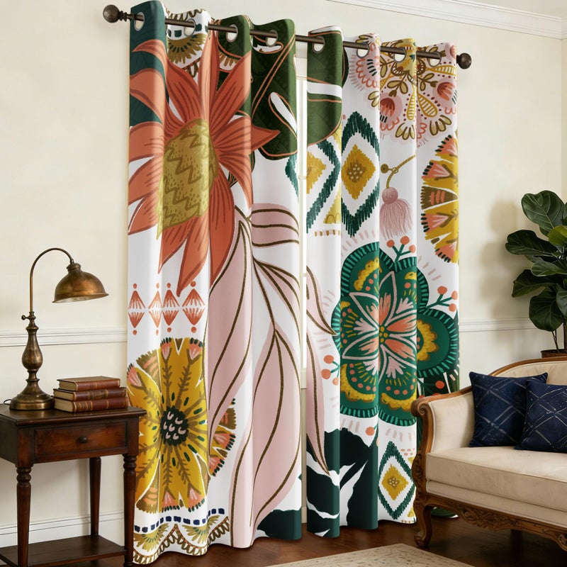 Tyrot White Boho Floral 100% Blackout Curtains for Living Room 63 inch Long 2 Panels Mid Century Botanical Black Out Curtains for Bedroom Grommet Thermal Insulated Room Darkening Window Drapes,52Wx63L - Image 2