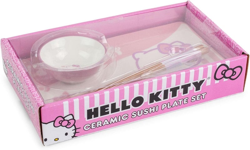 Toynk Sanrio Hello Kitty Pink 3Piece Ceramic Sushi Plate Set With Soy Sauce Bowl and Wooden Chopsticks  Japanese Style Dinnerware - Image 4