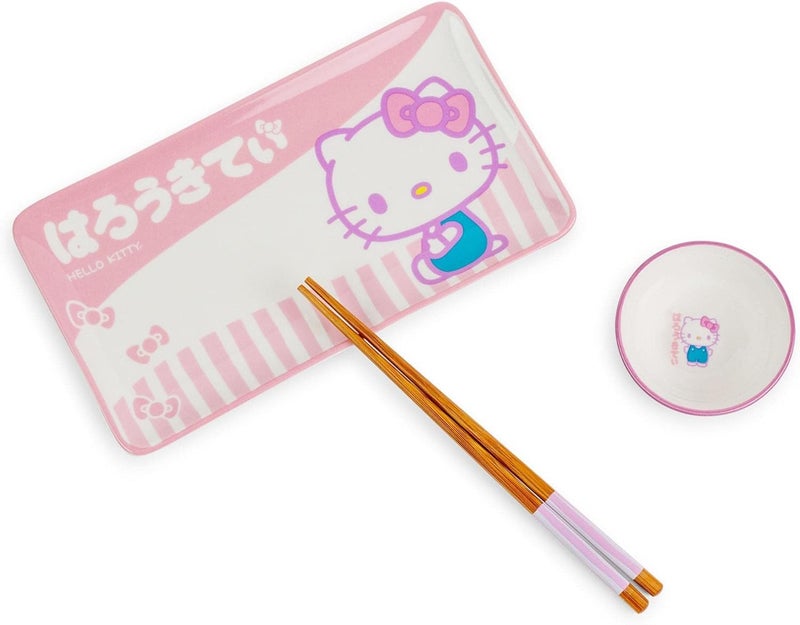 Toynk Sanrio Hello Kitty Pink 3Piece Ceramic Sushi Plate Set With Soy Sauce Bowl and Wooden Chopsticks  Japanese Style Dinnerware - Image 1