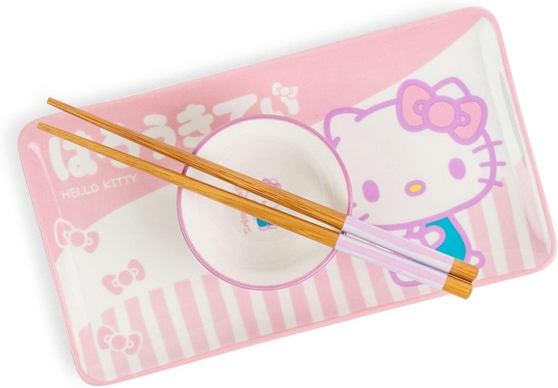 Toynk Sanrio Hello Kitty Pink 3Piece Ceramic Sushi Plate Set With Soy Sauce Bowl and Wooden Chopsticks  Japanese Style Dinnerware - Image 3