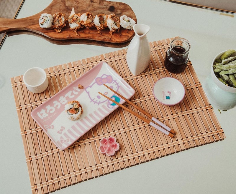 Toynk Sanrio Hello Kitty Pink 3Piece Ceramic Sushi Plate Set With Soy Sauce Bowl and Wooden Chopsticks  Japanese Style Dinnerware - Image 5