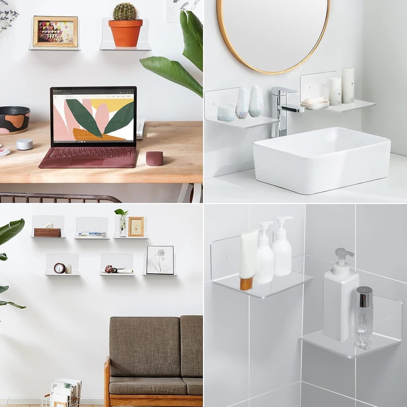 Bolidery 8 Pack Small Wall Shelf, 4'' Acrylic Shelves Display Ledges for Storage & Decoration, Small Floating Shelf for Wall with 2 Types of Installation (Adhesive or Screw) - Image 5