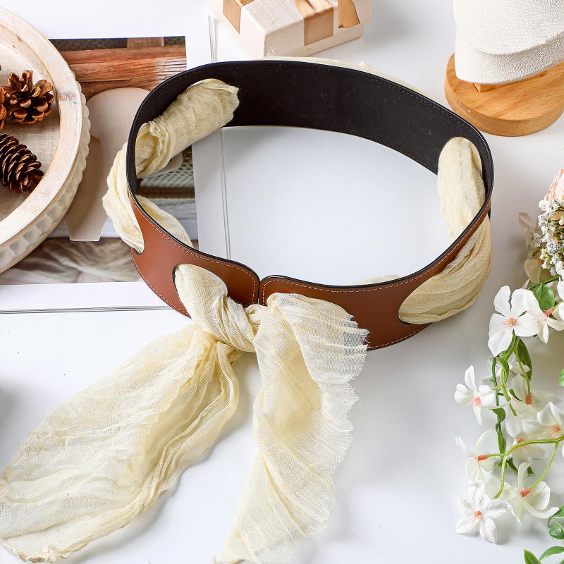 Cutecrop Reversible Scarf Waist Belt Leather Black and Tan Accessory PU Wide Leather Belts for Women Without Silk Scarf (Tan,27.5 Inches) - Image 2