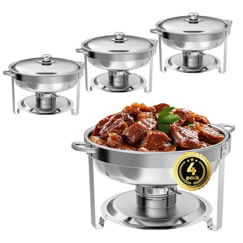 IMACONE Chafing Dish Buffet Set 4 Pack, 5QT Round Stainless Steel Chafer for Catering, Upgraded Chafers and Buffet Warmer Sets with Food & Water Pan, Lid, Frame, Fuel Holder for Event Party Holiday - Image 1