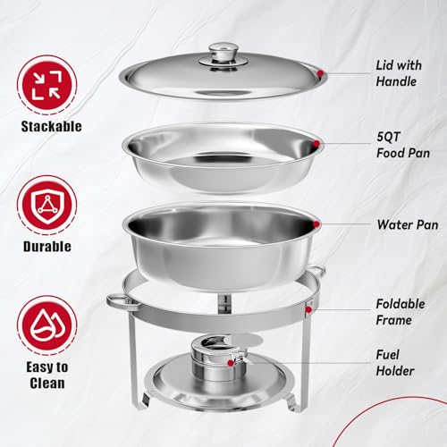 IMACONE Chafing Dish Buffet Set 4 Pack, 5QT Round Stainless Steel Chafer for Catering, Upgraded Chafers and Buffet Warmer Sets with Food & Water Pan, Lid, Frame, Fuel Holder for Event Party Holiday - Image 4