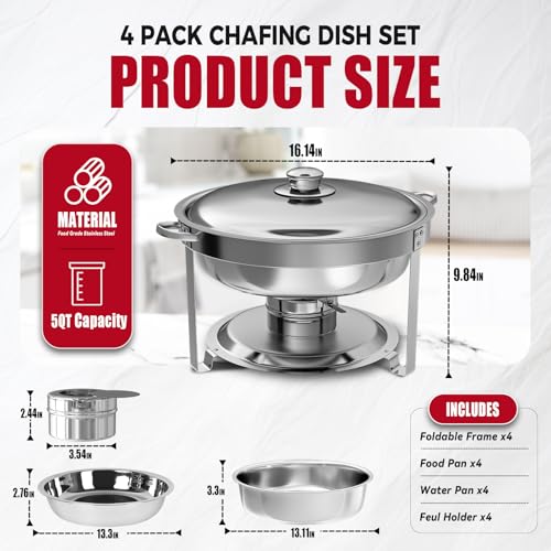 IMACONE Chafing Dish Buffet Set 4 Pack, 5QT Round Stainless Steel Chafer for Catering, Upgraded Chafers and Buffet Warmer Sets with Food & Water Pan, Lid, Frame, Fuel Holder for Event Party Holiday - Image 2