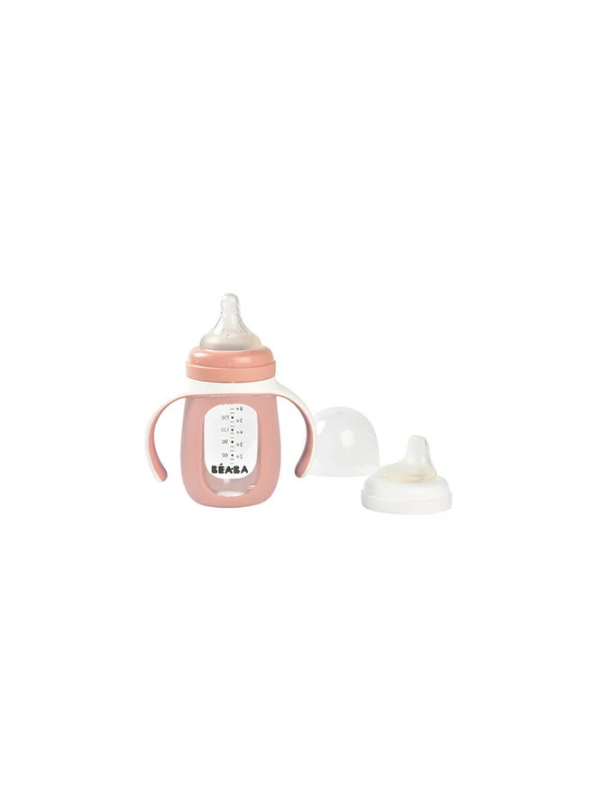 BEABA 2 In 1 Bottle To Sippy Learning Sippy Cup With Bottle And Soft Silicone Spout, 7 Oz (Rose)