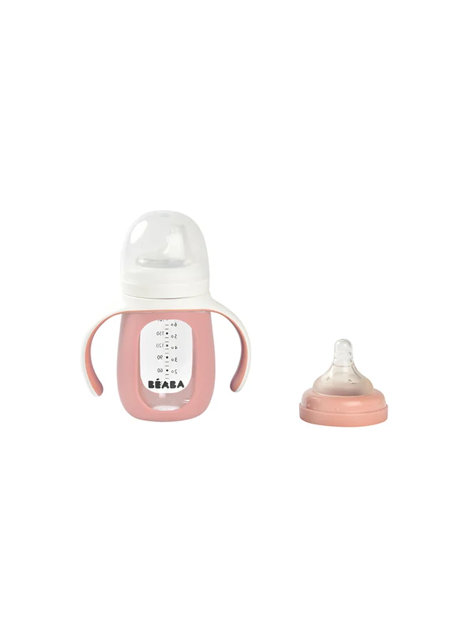 BEABA 2 In 1 Bottle To Sippy Learning Sippy Cup With Bottle And Soft Silicone Spout, 7 Oz (Rose)