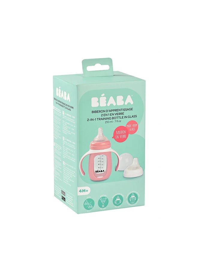BEABA - زجاجة تعليمية 2 في 1 بسعة 210 مل + غلاف سيليكون باللون الوردي القديم - Image 1